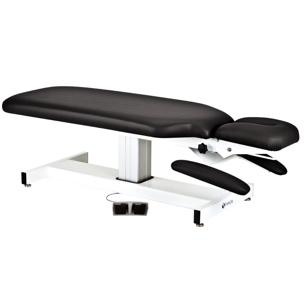 Earthlite Apex stationary treatment and adjusting bench with black upholstery for med spa and medical wellness practices.