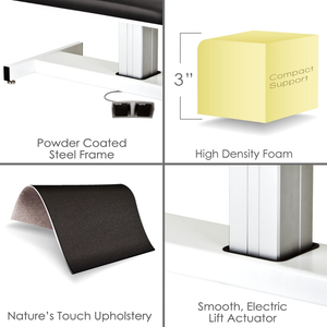 Earthlite Apex treatment bench detail showing powder-coated steel frame, high-density foam, Nature’s Touch upholstery, and smooth electric lift actuator for medical wellness practices.