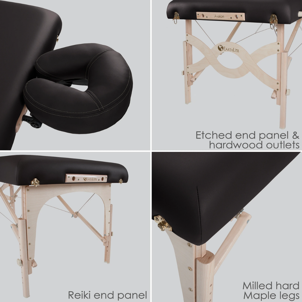 Earthlite Avalon XD Massage Flat Table Package features Etched end panel and hardwood outlets, Reiki end panel and Milled hard Maple legs.