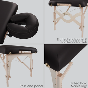 Earthlite Avalon XD Massage Flat Table Package features Etched end panel and hardwood outlets, Reiki end panel and Milled hard Maple legs.