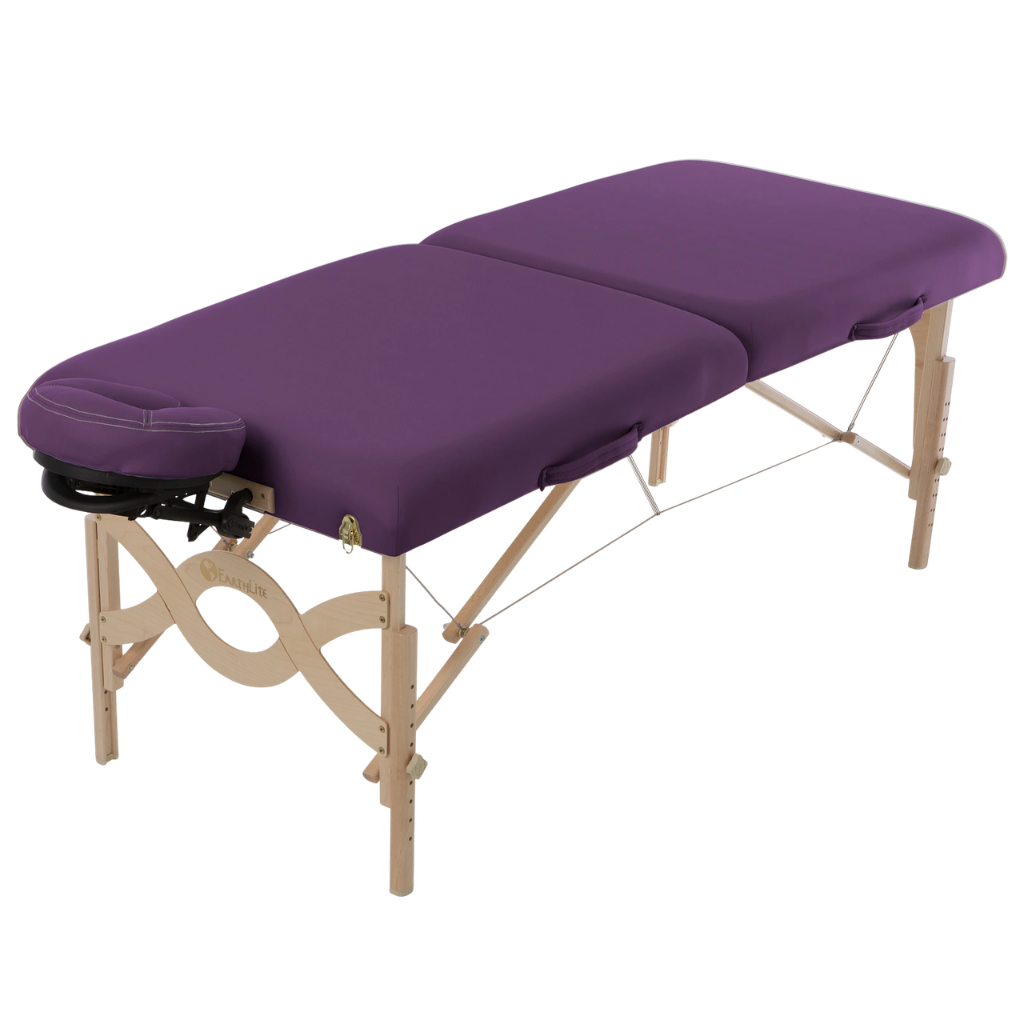 Earthlite Avalon XD Massage Flat Table with Amethyst upholstery for wellness practices.