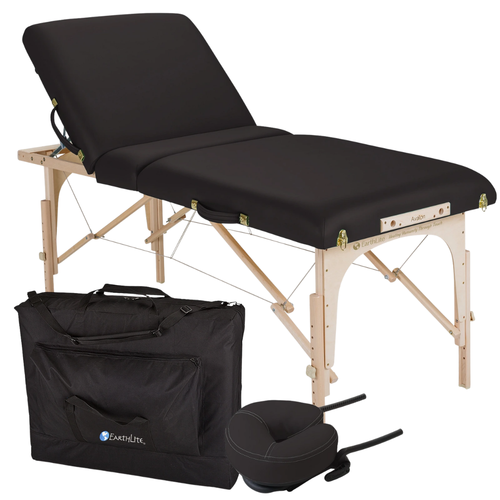 Earthlite Avalon XD Massage Tilt Table illustrating the Flex-Rest Face Cradle and heavy duty carry case.