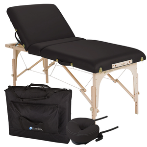 Earthlite Avalon XD Massage Tilt Table illustrating the Flex-Rest Face Cradle and heavy duty carry case.