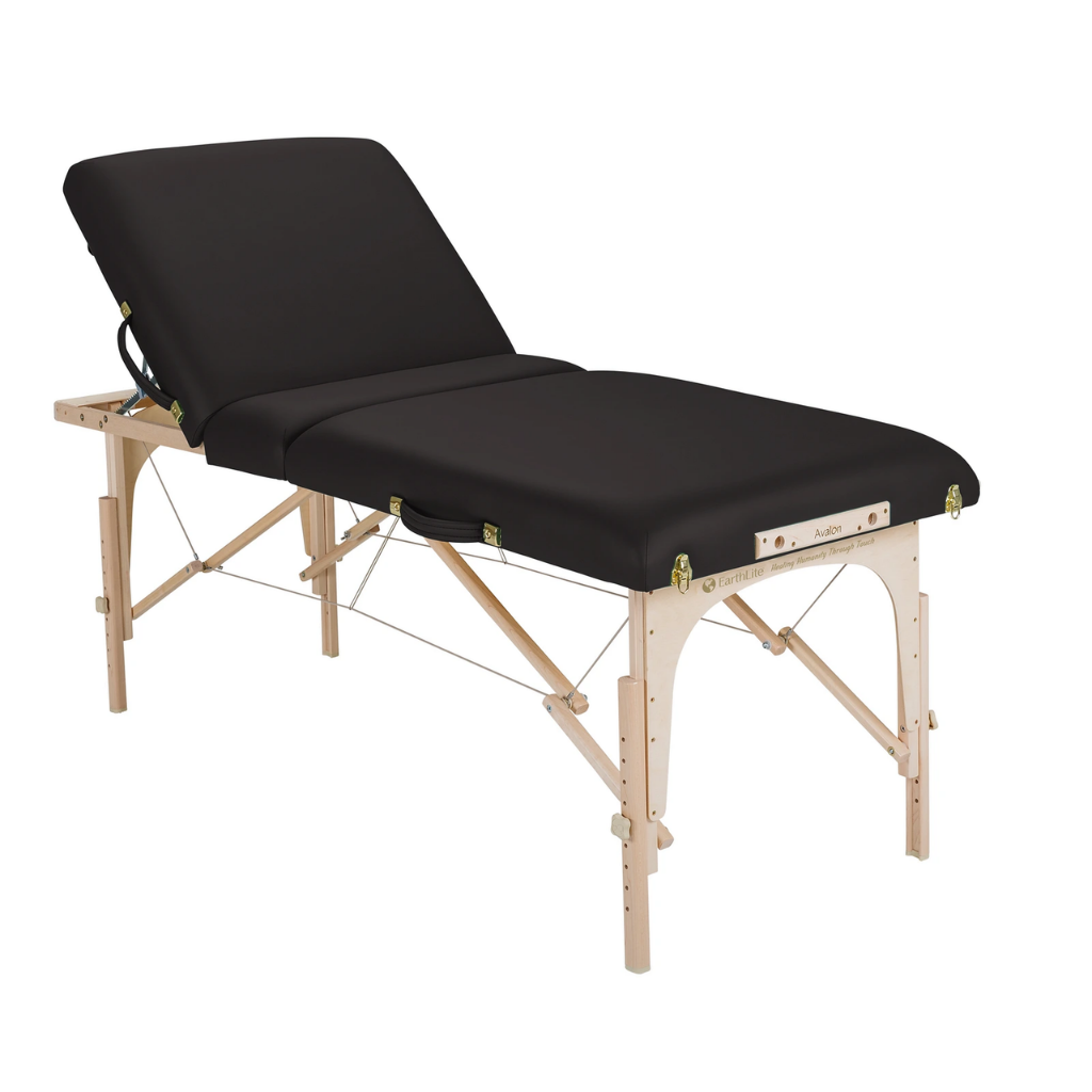 Earthlite Avalon XD Massage Tilt Table with black upholstery adjustable tilt design for wellness practices.