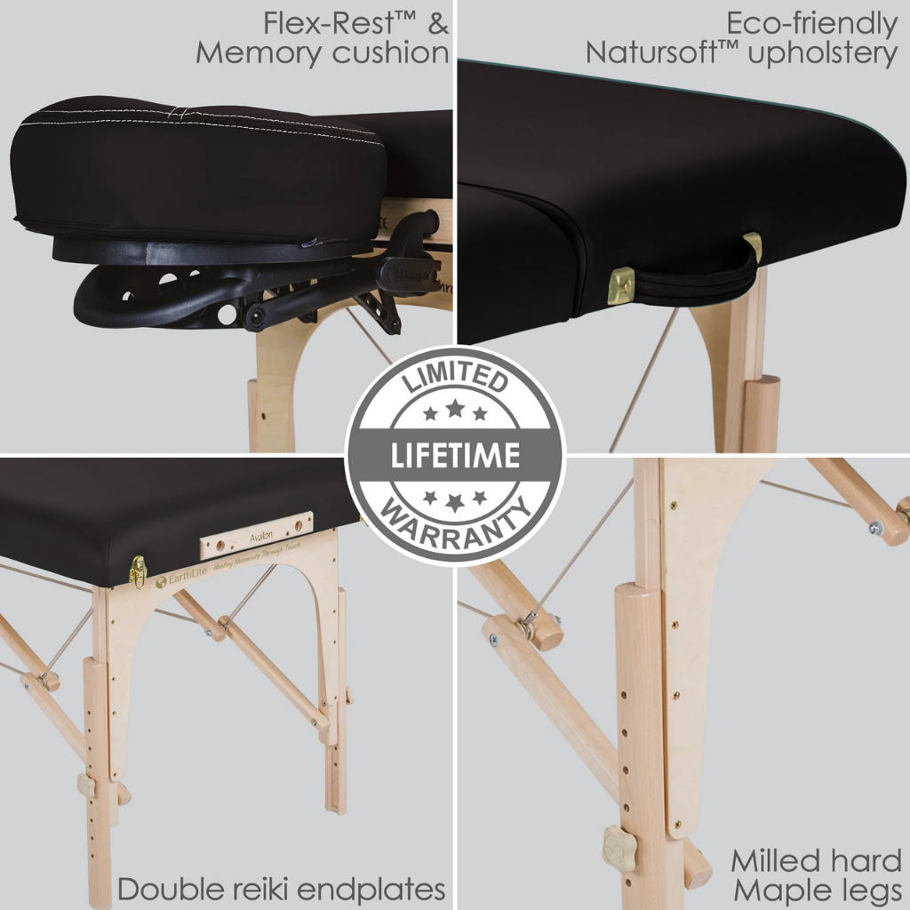 Earthlite Avalon XD Massage Tilt Table with Flex-Rest and memory cushion, eco-friendly upholstery, double reiki endplates and milled hard maple legs.