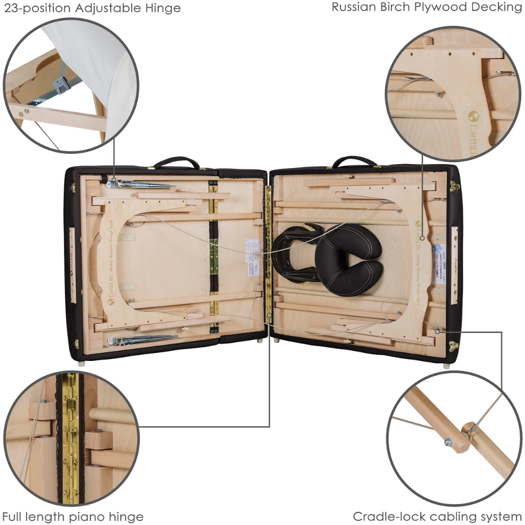 Earthlite Avalon XD Massage Tilt Table features a 23-position Adjustable Hinge, Russian Birch Plywood Decking, Full length piano Hinge and Cradle-lock cabling system.