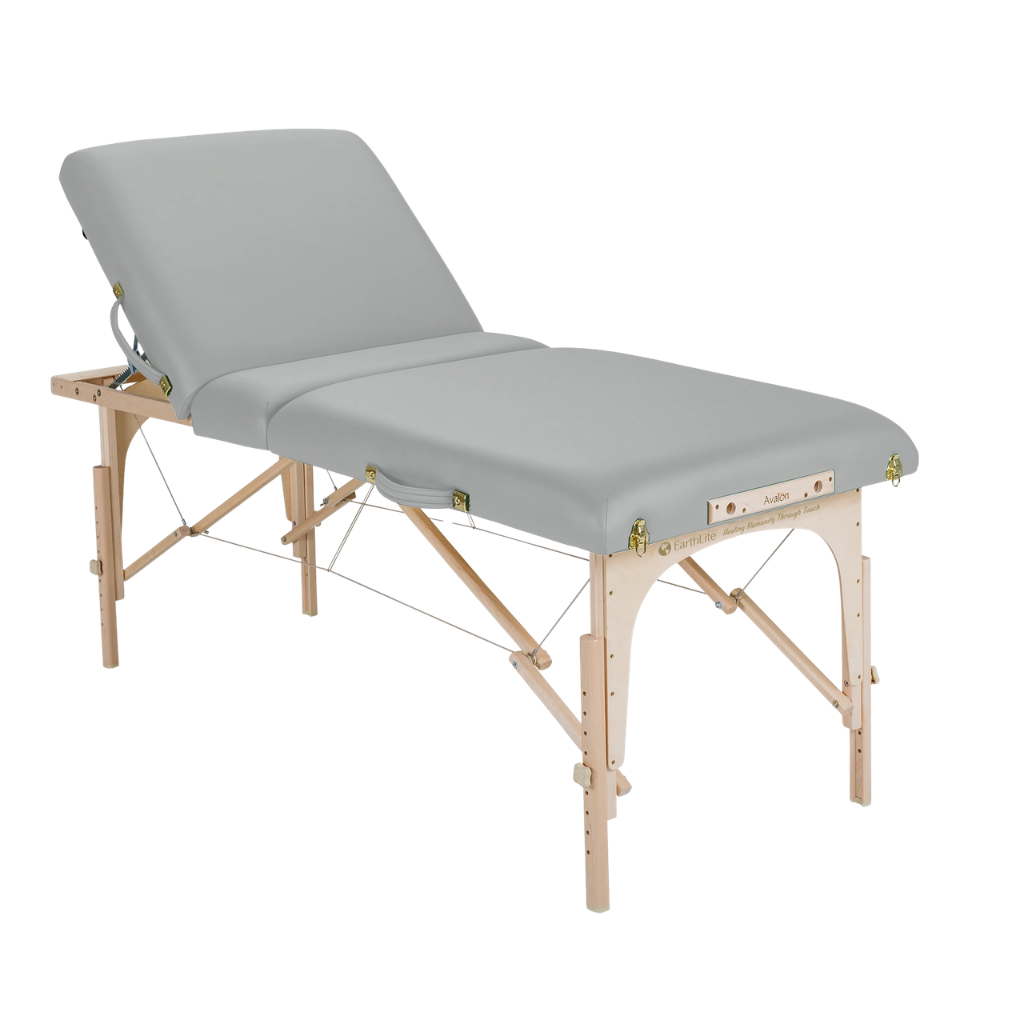Earthlite Avalon XD Massage Tilt Table with Sterling upholstery adjustable tilt design for wellness practices.