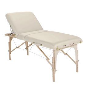 Earthlite Avalon XD Massage Tilt Table with Vanilla Creme upholstery adjustable tilt design for wellness practices.