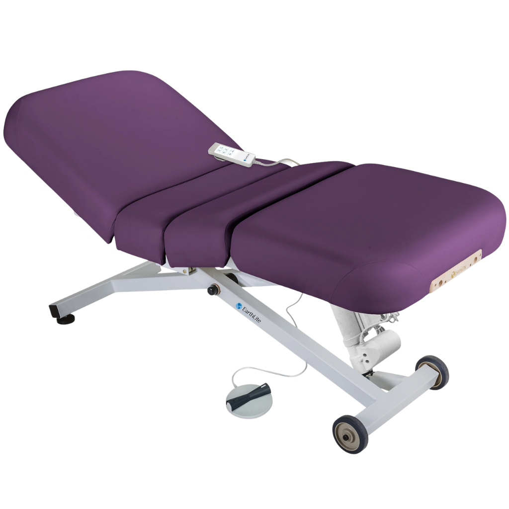 Earthlite Ellora Electric Salon Massage Table Amethyst with cushioned flat top and electric lift base, designed for adjustable height and professional Med Spa and wellness practices.