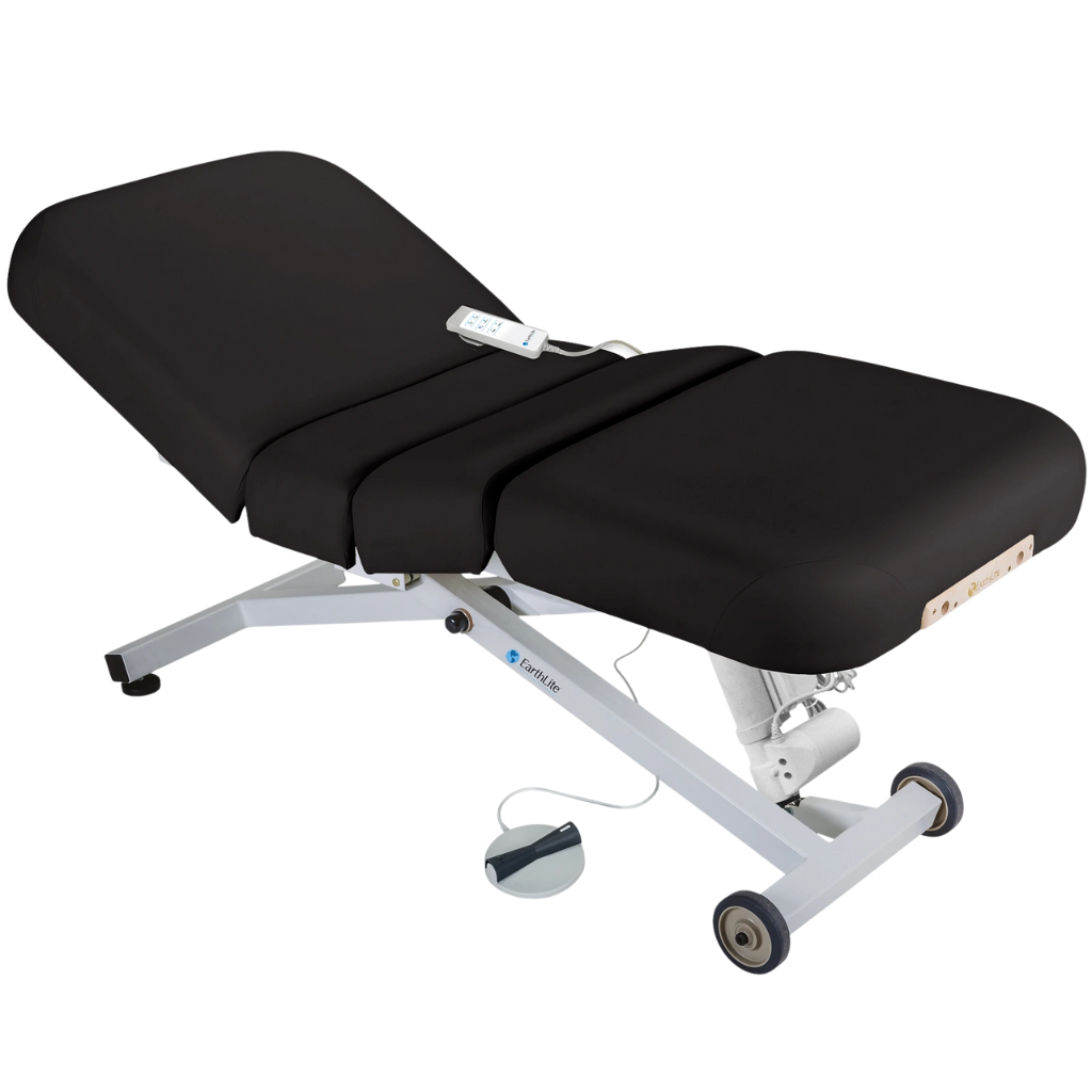 Earthlite Ellora Electric Salon Massage Table Black with cushioned flat top and electric lift base, designed for adjustable height and professional Med Spa and wellness practices.