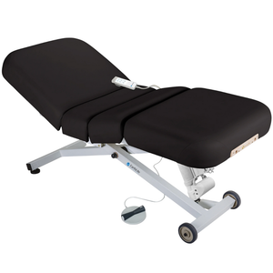 Earthlite Ellora Electric Salon Massage Table Black with cushioned flat top and electric lift base, designed for adjustable height and professional Med Spa and wellness practices.