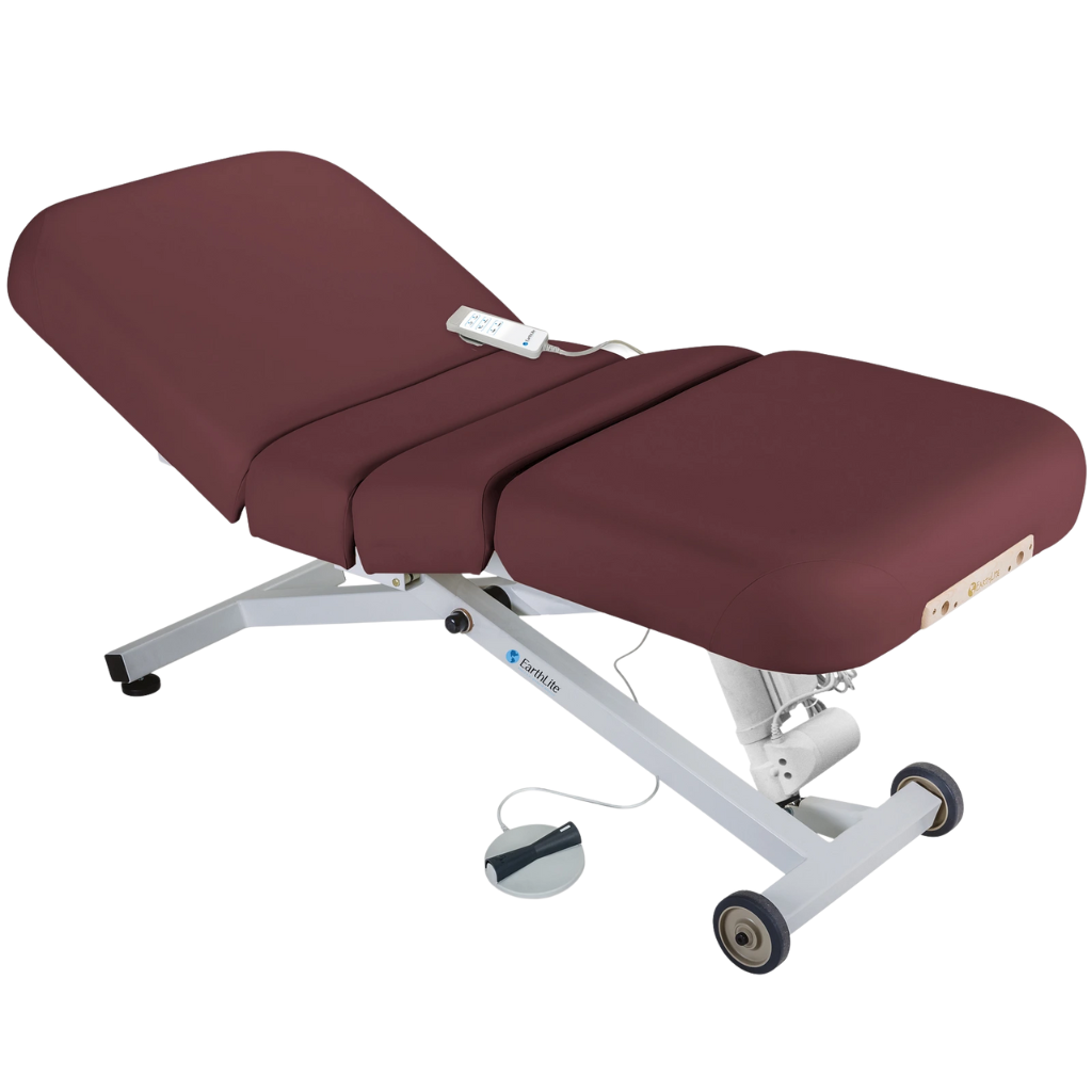 Earthlite Ellora Electric Salon Massage Table Burgundy with cushioned flat top and electric lift base, designed for adjustable height and professional Med Spa and wellness practices.