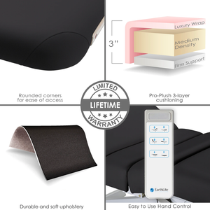 Earthlite Ellora Electric Salon Massage Table illustrating features such as Rounded corners for ease of access, Pro-Plush 3-layer cushioning, Durable and soft upholstery and Easy to use Hand Control.