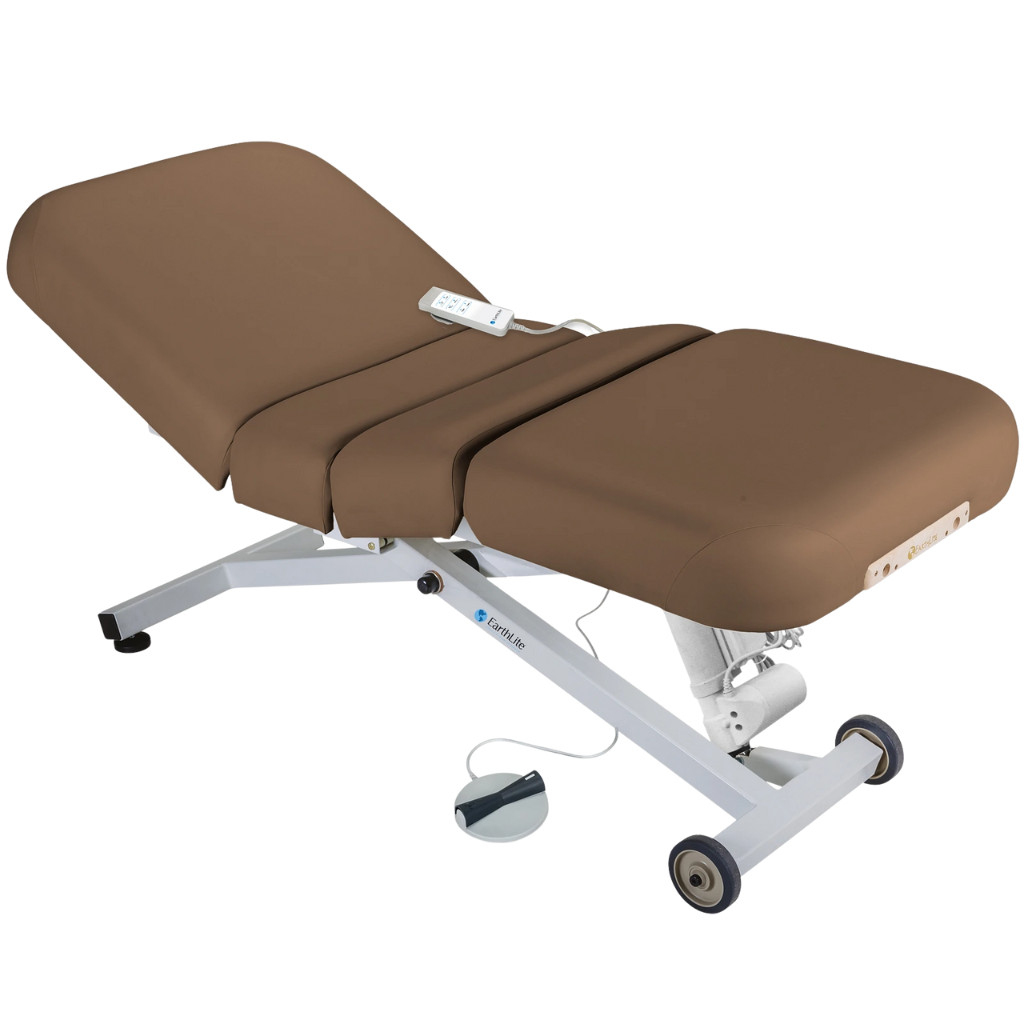 Earthlite Ellora Electric Salon Massage Table Latte with cushioned flat top and electric lift base, designed for adjustable height and professional Med Spa and wellness practices.