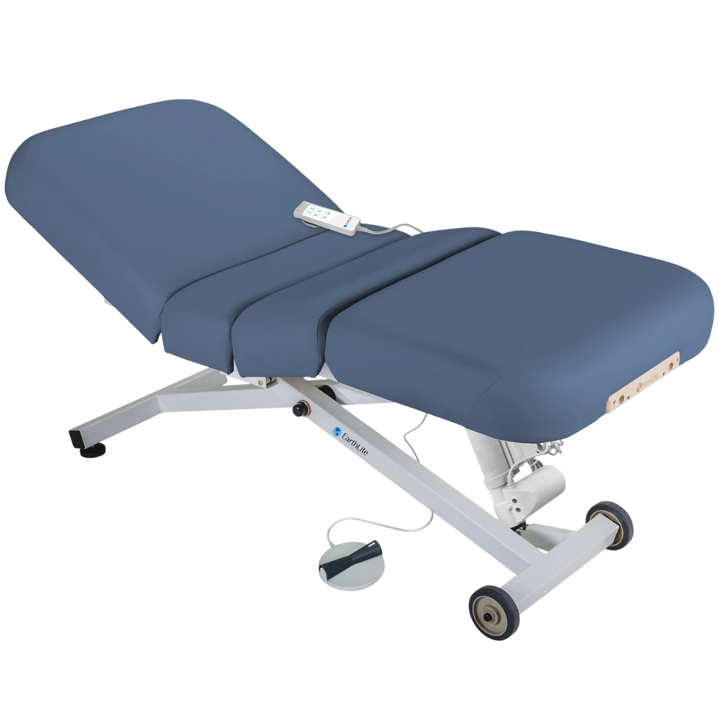 Earthlite Ellora Electric Salon Massage Table Mystic Blue with cushioned flat top and electric lift base, designed for adjustable height and professional Med Spa and wellness practices.