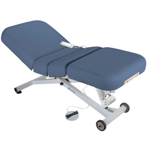 Earthlite Ellora Electric Salon Massage Table Mystic Blue with cushioned flat top and electric lift base, designed for adjustable height and professional Med Spa and wellness practices.