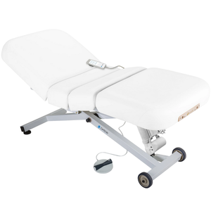 Earthlite Ellora Electric Salon Massage Table Pure White with cushioned flat top and electric lift base, designed for adjustable height and professional Med Spa and wellness practices.