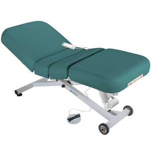 Earthlite Ellora Electric Salon Massage Table Teal with cushioned flat top and electric lift base, designed for adjustable height and professional Med Spa and wellness practices.
