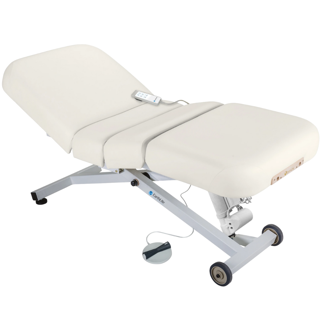 Earthlite Ellora Electric Salon Massage Table White with cushioned flat top and electric lift base, designed for adjustable height and professional Med Spa and wellness practices.