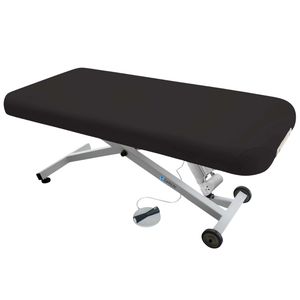 Earthlite Ellora Flat Electric Lift Massage Table with black upholstery and flat top design for med spa and medical wellness practices.