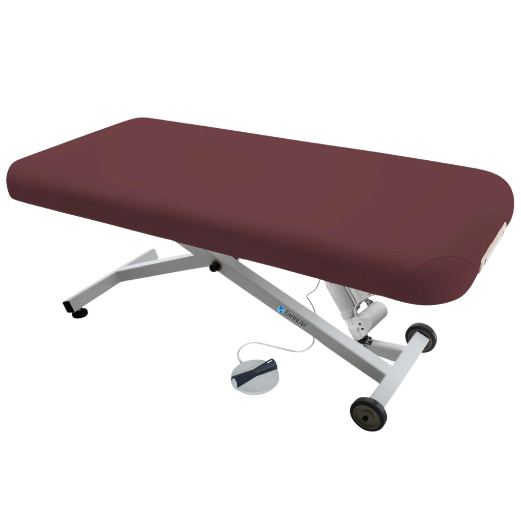 Earthlite Ellora Flat Electric Lift Massage Table with Burgundy upholstery and flat top design for med spa and medical wellness practices.