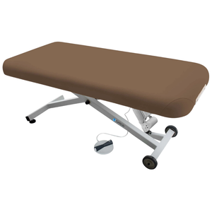 Earthlite Ellora Flat Electric Lift Massage Table with Latte upholstery and flat top design for med spa and medical wellness practices.