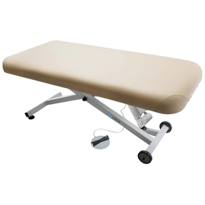 Earthlite Ellora Flat Electric Lift Massage Table with Marie's Beige upholstery and flat top design for med spa and medical wellness practices.