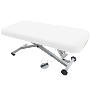 Earthlite Ellora Flat Electric Lift Massage Table with Pure White upholstery and flat top design for med spa and medical wellness practices.