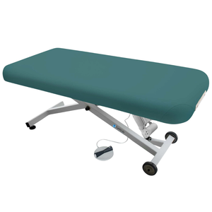 Earthlite Ellora Flat Electric Lift Massage Table with Teal upholstery and flat top design for med spa and medical wellness practices.