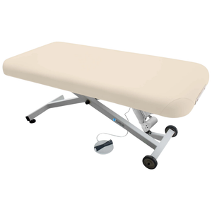 Earthlite Ellora Flat Electric Lift Massage Table with Vanilla Creme upholstery and flat top design for med spa and medical wellness practices.