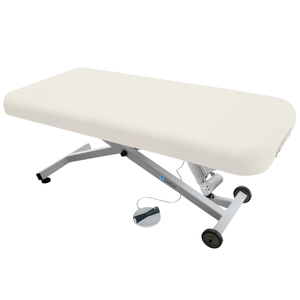 Earthlite Ellora Flat Electric Lift Massage Table with White upholstery and flat top design for med spa and medical wellness practices.