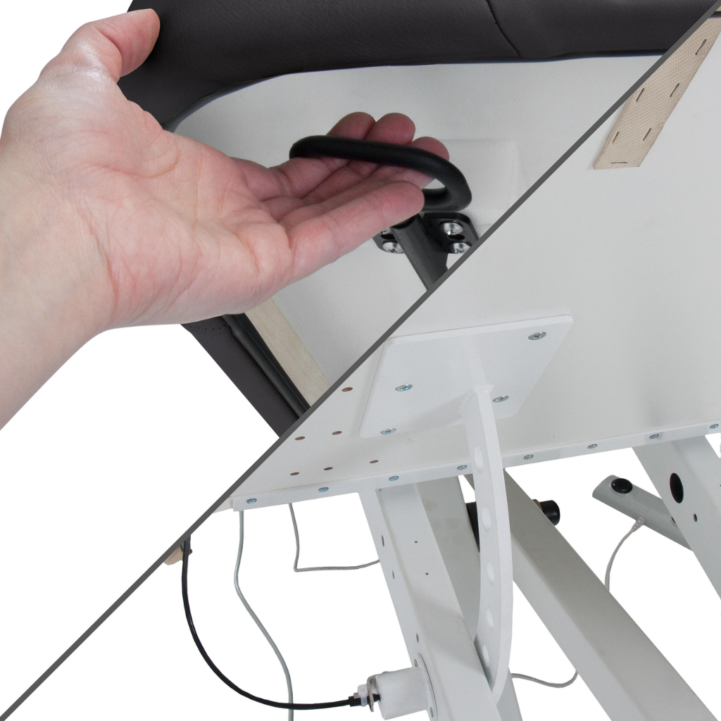 Earthlite Ellora Manual Tilt Electric Lift Table illustrating the manual tilt feature.