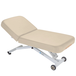 Earthlite Ellora Manual Tilt Electric Lift Table Marie's Beige with cushioned top and adjustable base, showing manual tilt control and electric height lift, designed for professional Med Spa and wellness practices.