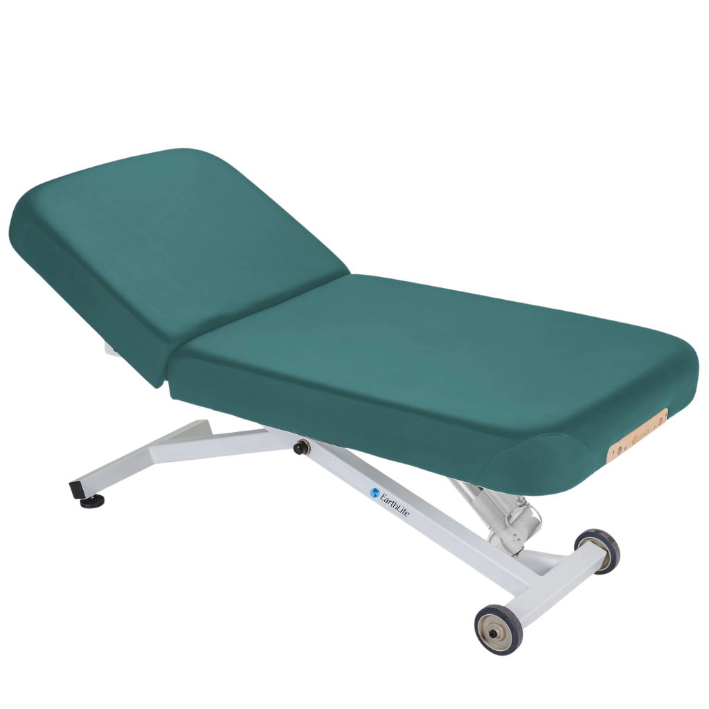 Earthlite Ellora Manual Tilt Electric Lift Table Teal with cushioned top and adjustable base, showing manual tilt control and electric height lift, designed for professional Med Spa and wellness practices.
