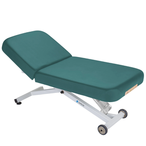 Earthlite Ellora Manual Tilt Electric Lift Table Teal with cushioned top and adjustable base, showing manual tilt control and electric height lift, designed for professional Med Spa and wellness practices.