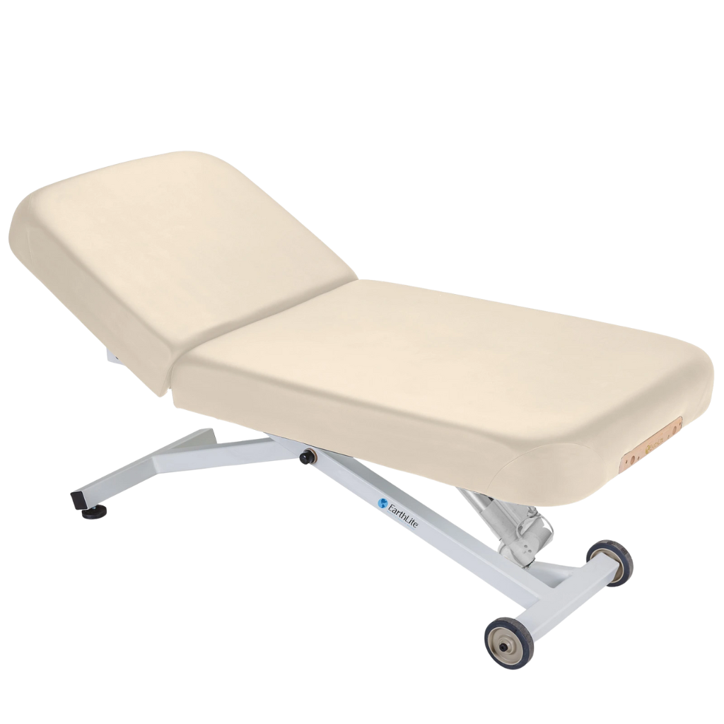 Earthlite Ellora Manual Tilt Electric Lift Table Vanilla Creme with cushioned top and adjustable base, showing manual tilt control and electric height lift, designed for professional Med Spa and wellness practices.