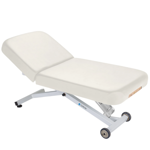 Earthlite Ellora Manual Tilt Electric Lift Table White with cushioned top and adjustable base, showing manual tilt control and electric height lift, designed for professional Med Spa and wellness practices.