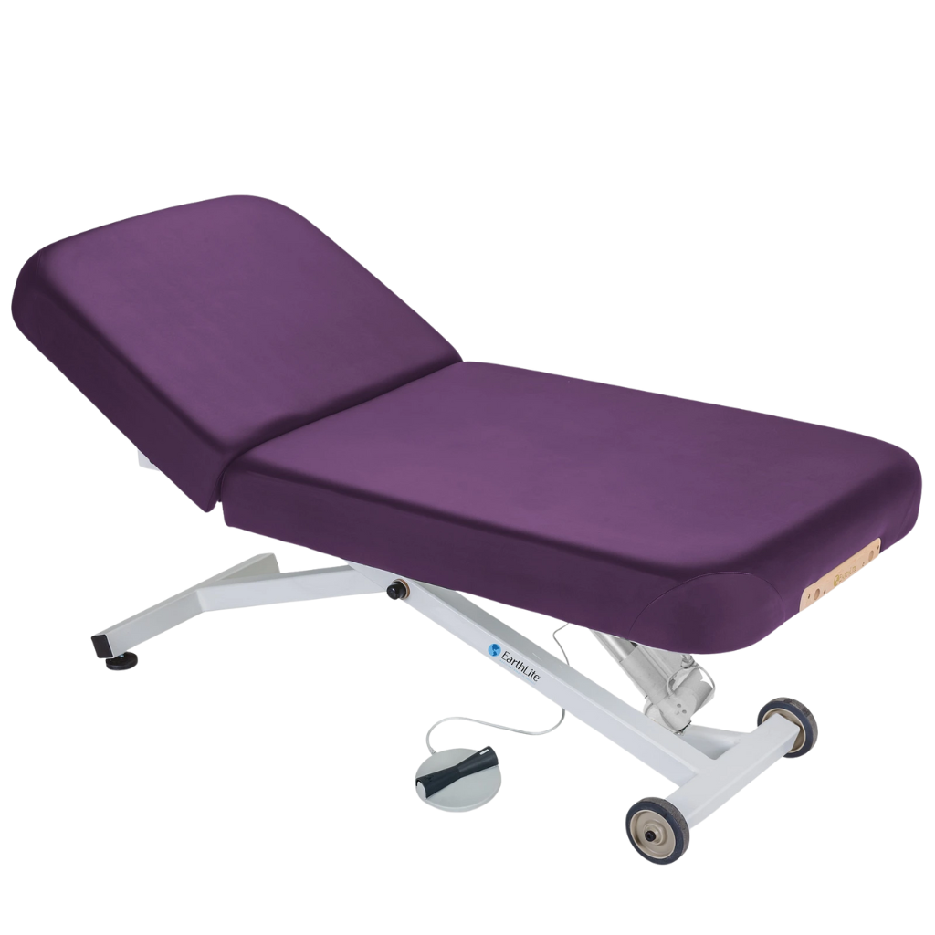 Earthlite Ellora Pneumatic Tilt Electric Lift Massage Table Amethyst with cushioned top, adjustable pneumatic tilt feature, and electric height lift base, designed for professional Med Spa and wellness practices.