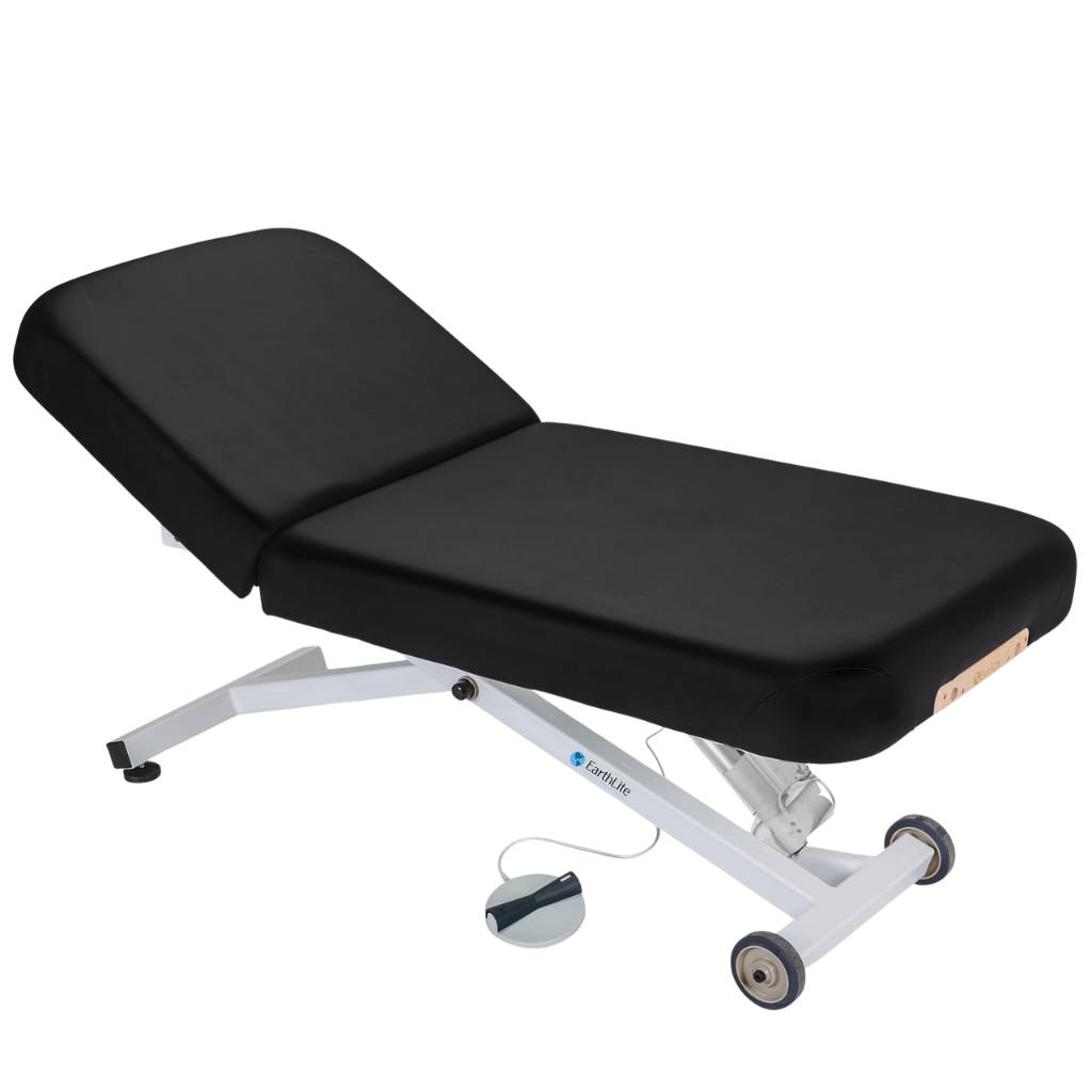 Earthlite Ellora Pneumatic Tilt Electric Lift Massage Table Black with cushioned top, adjustable pneumatic tilt feature, and electric height lift base, designed for professional Med Spa and wellness practices.