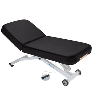 Earthlite Ellora Pneumatic Tilt Electric Lift Massage Table Black with cushioned top, adjustable pneumatic tilt feature, and electric height lift base, designed for professional Med Spa and wellness practices.