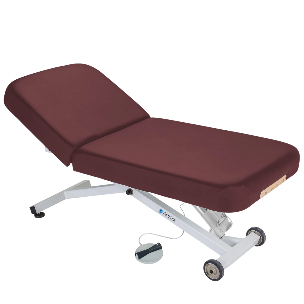 Earthlite Ellora Pneumatic Tilt Electric Lift Massage Table Burgundy with cushioned top, adjustable pneumatic tilt feature, and electric height lift base, designed for professional Med Spa and wellness practices.