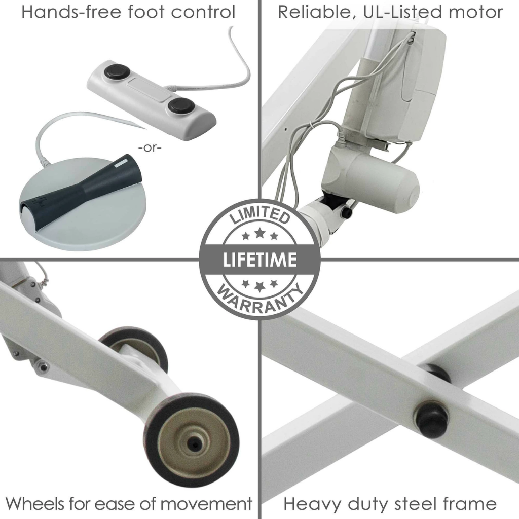 Earthlite Ellora Pneumatic Tilt Electric Lift Massage Table illustrating the frames features such as the Hands-free foot control, Reliable, UL-listed motor, Wheels for ease of movement and the Heavy duty steel frame.