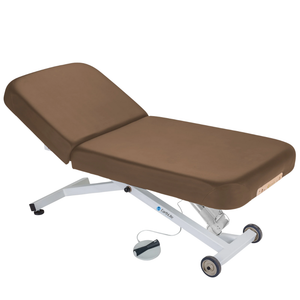 Earthlite Ellora Pneumatic Tilt Electric Lift Massage Table Latte with cushioned top, adjustable pneumatic tilt feature, and electric height lift base, designed for professional Med Spa and wellness practices.