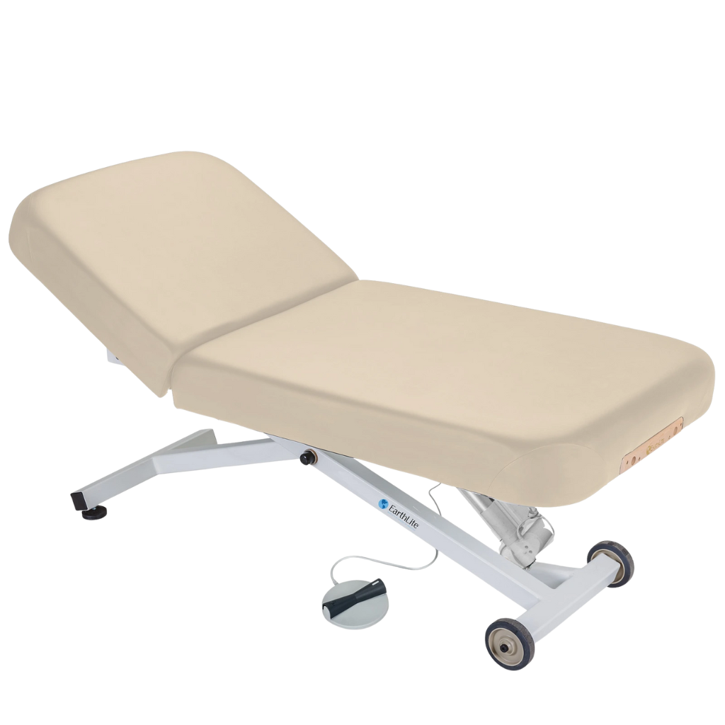 Earthlite Ellora Pneumatic Tilt Electric Lift Massage Table Marie's Beige with cushioned top, adjustable pneumatic tilt feature, and electric height lift base, designed for professional Med Spa and wellness practices.