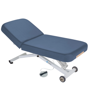 Earthlite Ellora Pneumatic Tilt Electric Lift Massage Table Mystic Blue with cushioned top, adjustable pneumatic tilt feature, and electric height lift base, designed for professional Med Spa and wellness practices.