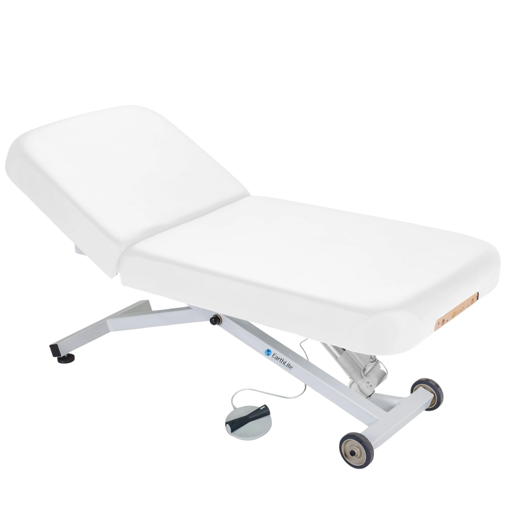 Earthlite Ellora Pneumatic Tilt Electric Lift Massage Table Pure White with cushioned top, adjustable pneumatic tilt feature, and electric height lift base, designed for professional Med Spa and wellness practices.