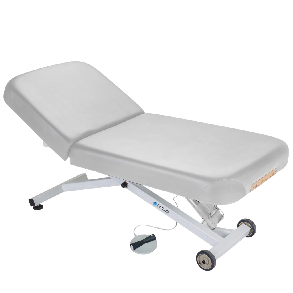 Earthlite Ellora Pneumatic Tilt Electric Lift Massage Table Sterling with cushioned top, adjustable pneumatic tilt feature, and electric height lift base, designed for professional Med Spa and wellness practices.