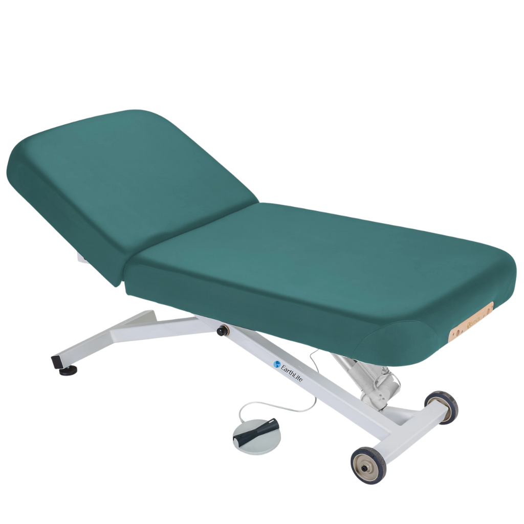 Earthlite Ellora Pneumatic Tilt Electric Lift Massage Table Teal with cushioned top, adjustable pneumatic tilt feature, and electric height lift base, designed for professional Med Spa and wellness practices.