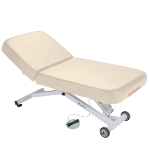 Earthlite Ellora Pneumatic Tilt Electric Lift Massage Table Vanilla Creme with cushioned top, adjustable pneumatic tilt feature, and electric height lift base, designed for professional Med Spa and wellness practices.