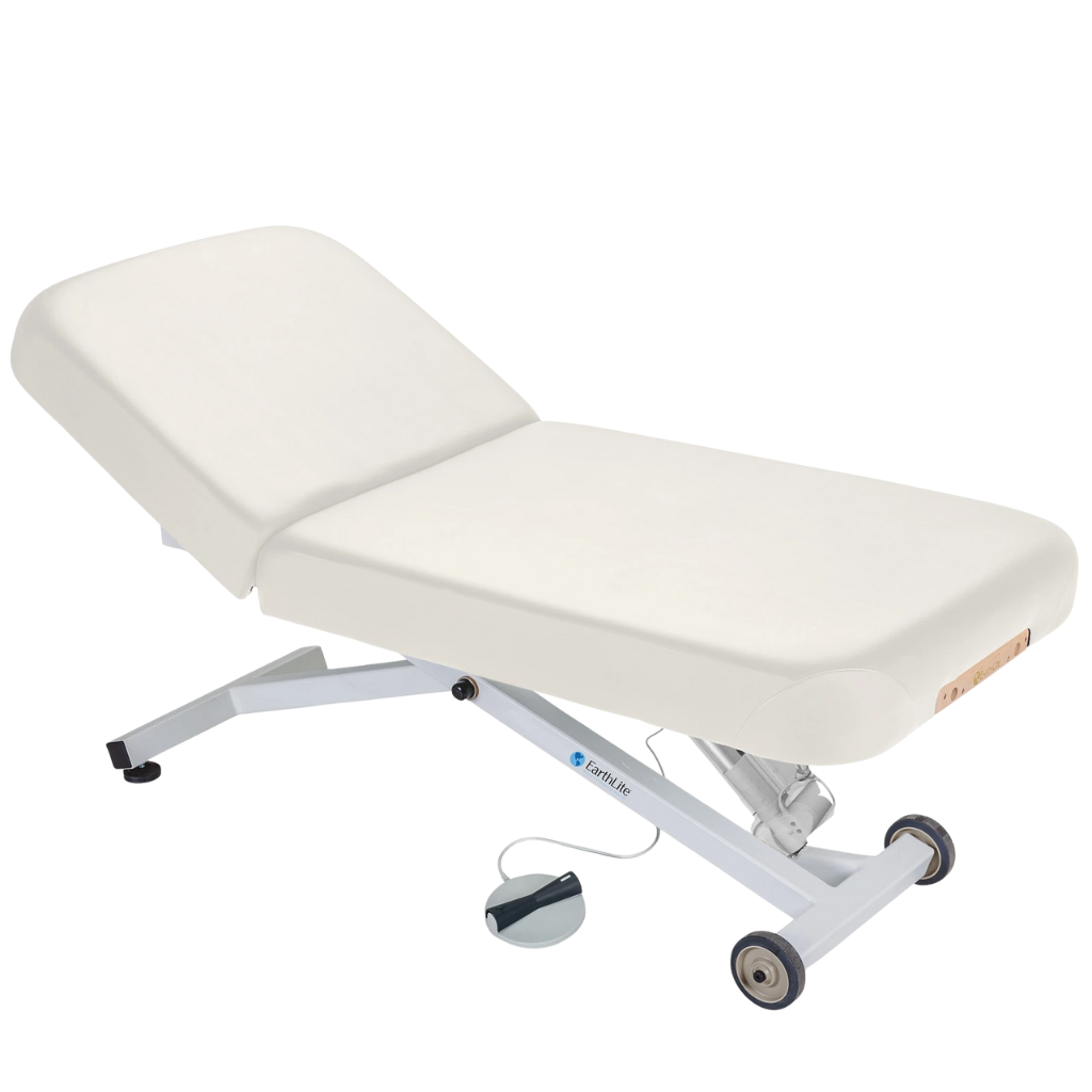 Earthlite Ellora Pneumatic Tilt Electric Lift Massage Table White with cushioned top, adjustable pneumatic tilt feature, and electric height lift base, designed for professional Med Spa and wellness practices.